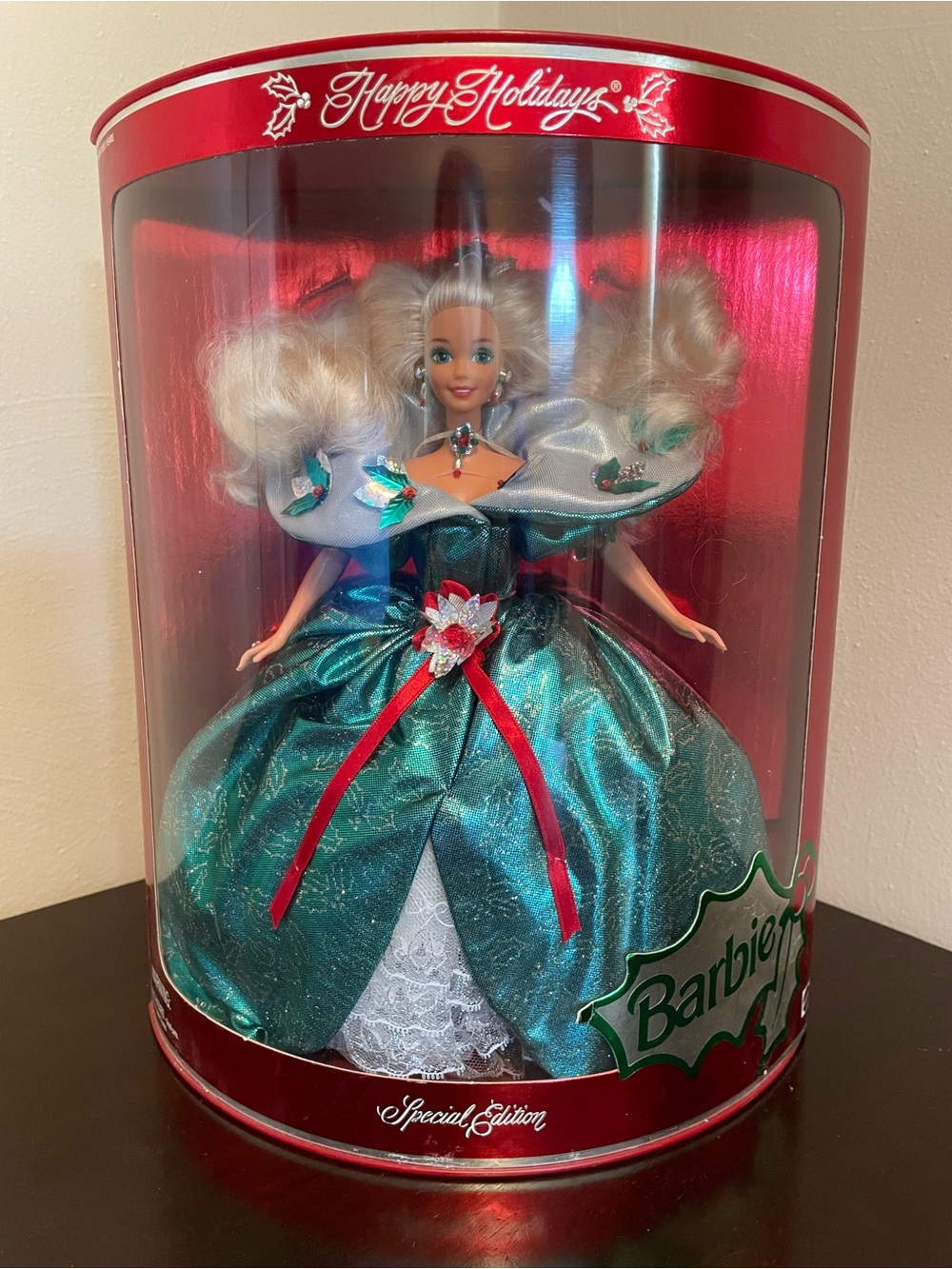 Barbie Blonde Happy Holidays Collector Doll - Teal Green with Red Ribbon